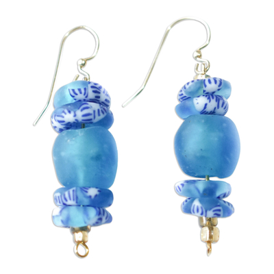 Recycled Glass Beaded Dangle Earrings in Light Blue & White