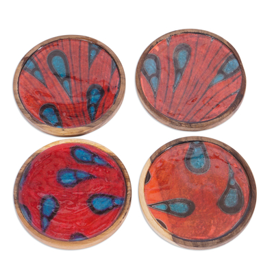 Set of 4 Drop-Patterned Orange and Red Neem Wood Coasters