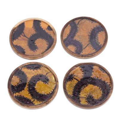 Yellow and Black Neem Wood and Cotton Coasters (Set of 4)