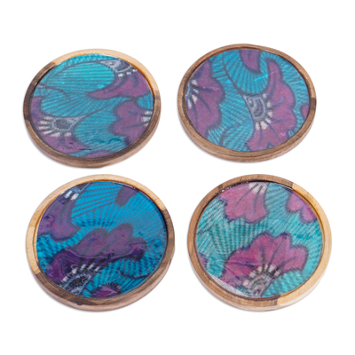 Set of 4 Tulip-Patterned Purple and Blue Neem Wood Coasters