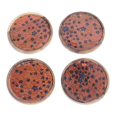 Set of 4 Star-Patterned Brown and Blue Neem Wood Coasters