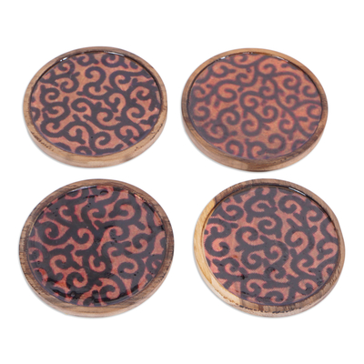 Set of 4 Ivy-Patterned Black and Orange Neem Wood Coasters