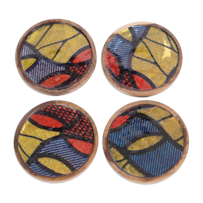 Leafy-Themed Wood and Cotton Coasters from Ghana (Set of 4)