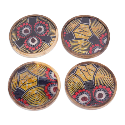 Set of 4 Nature-Patterned Cotton and Neem Wood Coasters