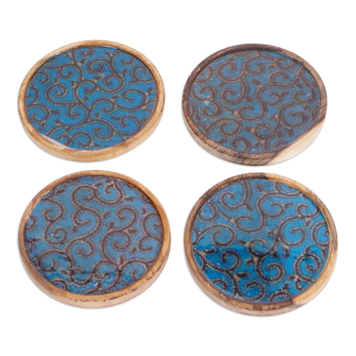 Set of 4 Ivy-Patterned Black and Blue Neem Wood Coasters