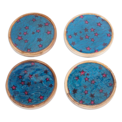 Set of 4 Star-Patterned Blue and Pink Neem Wood Coasters