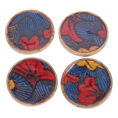 Set of 4 Tulip-Patterned Red and Blue Neem Wood Coasters
