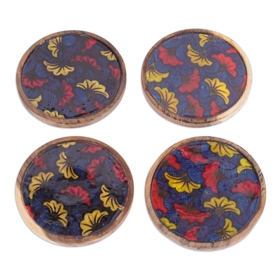 Set of 4 Floral Red and Blue Neem Wood and Cotton Coasters