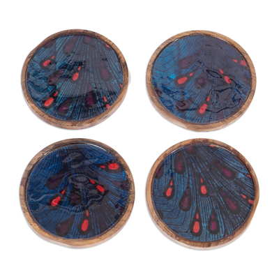 Set of 4 Drop-Patterned Blue and Red Neem Wood Coasters