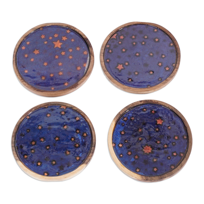 Set of 4 Star-Patterned Blue and Orange Neem Wood Coasters