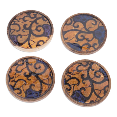 Set of Four Floral and Vine-Patterned Yellow Wood Coasters