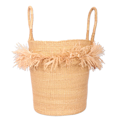 Handwoven Open Top Raffia Basket with Fringes