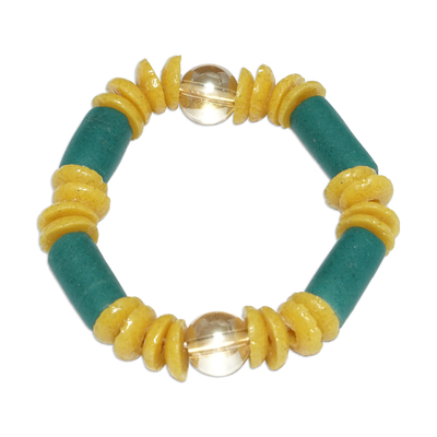 Yellow and Green Recycled Glass Beaded Stretch Bracelet