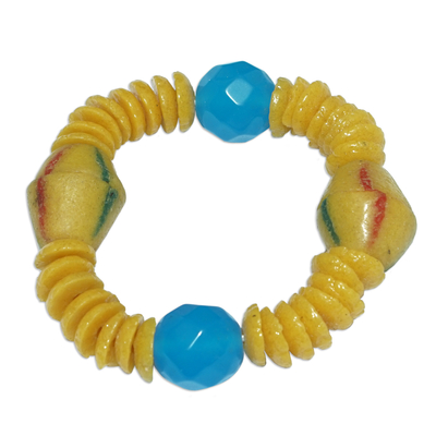 Yellow and Blue Glass and Agate Beaded Stretch Bracelet