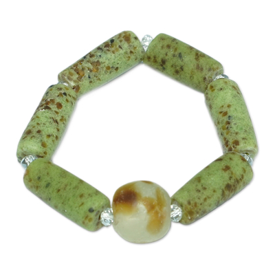 Eco-Friendly Green Recycled Glass and Agate Beaded Bracelet