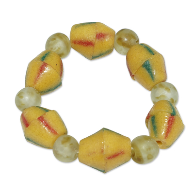 Hand-Painted Yellow Recycled Glass Beaded Stretch Bracelet