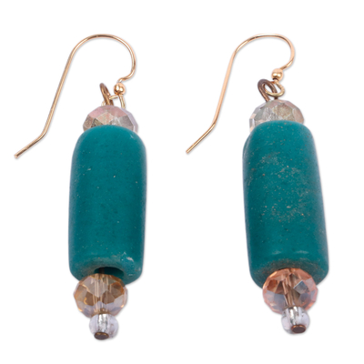 Eco-Friendly Teal Recycled Glass Beaded Dangle Earrings