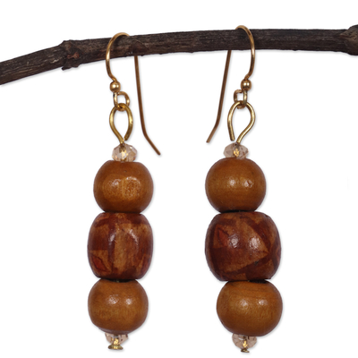 Warm-Toned Recycled Glass and Wood Beaded Dangle Earrings