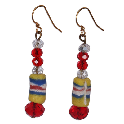 Yellow and Red Recycled Glass Beaded Dangle Earrings