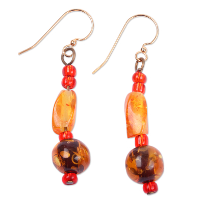 Golden and Red Recycled Glass Beaded Dangle Earrings