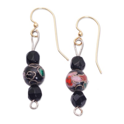 Floral Black Recycled Glass Beaded Dangle Earrings