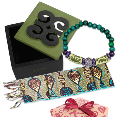 African Curated Gift Set with Scarf Bracelet Decorative Box