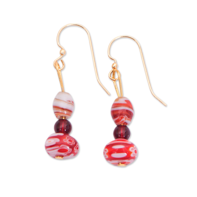 Red and White Recycled Glass Beaded Dangle Earrings