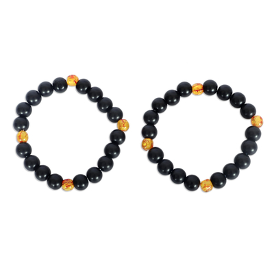 Two Black and Yellow Recycled Glass Beaded Stretch Bracelets