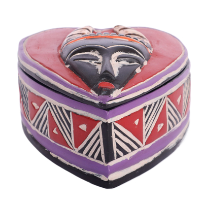 Hand-Painted Heart-Shaped Wood Jewelry Box with Mask Accent