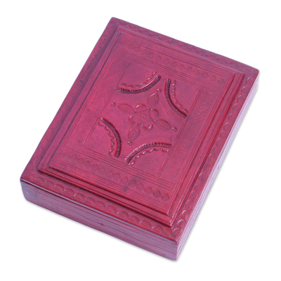 Handcrafted Red Leather and Sese Wood Jewelry Box from Ghana