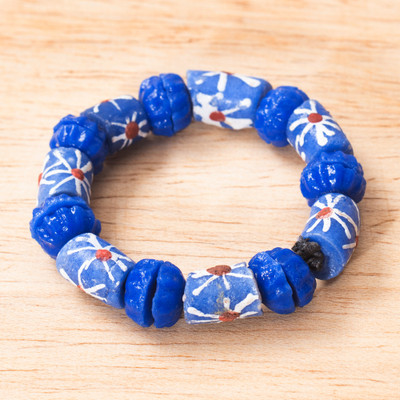 Recycled Glass Beaded Stretch Bracelet in Blue Shades