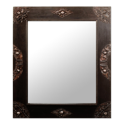 Handcrafted Sese Wood and Brass Wall Mirror