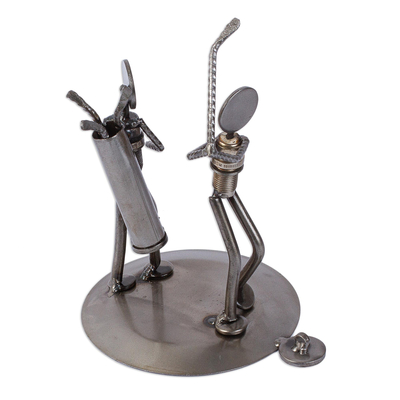 Handmade Upcycled Iron Golfer and Caddy Metal Golfing Sculpture