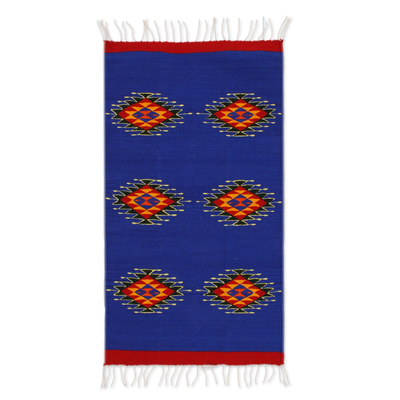 Mexican Blue and Red Zapotec Wool Area Rug (2x3.5)