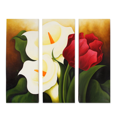 Oil Triptych Set of 3 Flower Paintings from Mexico