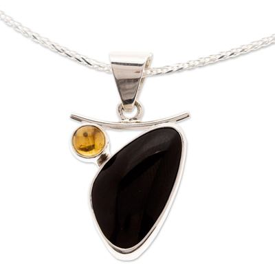 Handmade Citrine and Obsidian Pendant Necklace with 925 Silver Chain