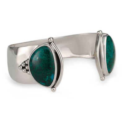 Forest Green Chrysocolla Taxco Fine Silver Wide Cuff Bracelet