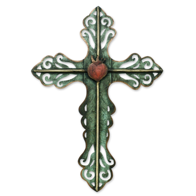 Hand Made Cross Green Religious Steel Wall Sculpture Mexico