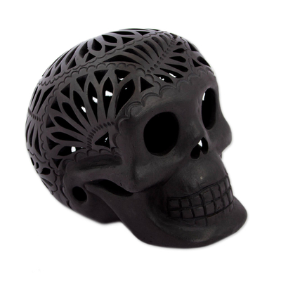 Oaxaca Black Pottery Floral Skull Figurine