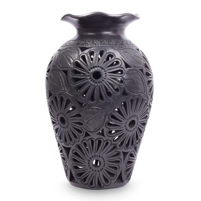 Ornate Floral Black Pottery Vase