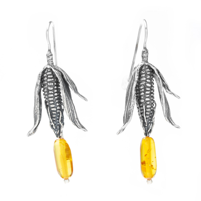 Sterling Silver and Natural Amber Mexican Earrings
