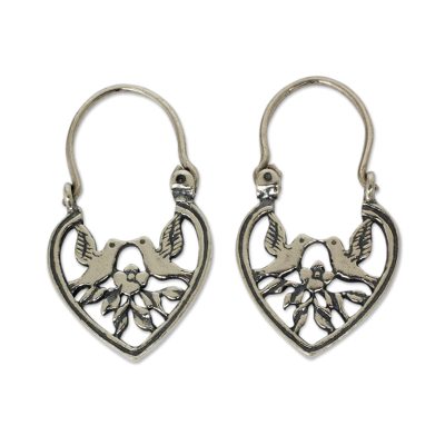 Heart Shaped Silver Hoop Earrings with Birds and Flowers