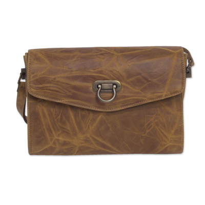 Handmade Golden Brown Leather Shoulder Bag with Flap