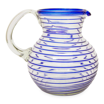 Mexican Handblown Recycled Glass Blue Stripe Pitcher