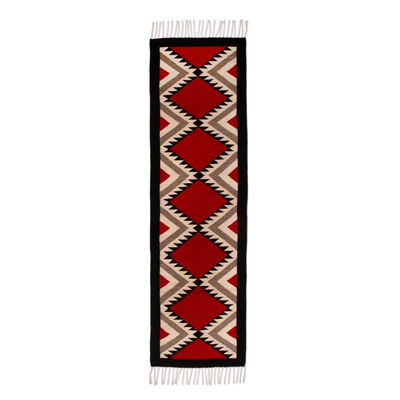Loom Woven Red and Black Zapotec Wool Rug (2 x 7 Feet)