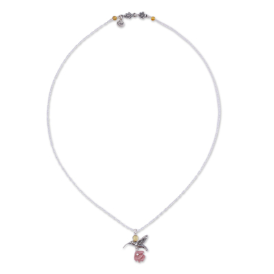 Rhodochrosite and Amber Sterling Silver Bird Necklace