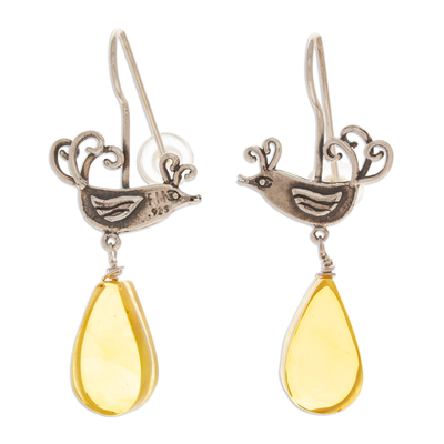 Mexican Sterling Silver Bird Earrings with Amber Droplets