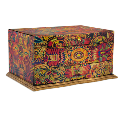 Huichol Theme Decoupage on Pinewood Jewelry Box with 3 Decks