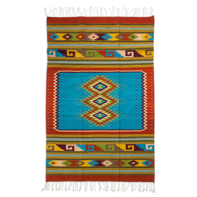 Multicolor Geometric Motif 4 x 7 Zapotec Rug from Mexico