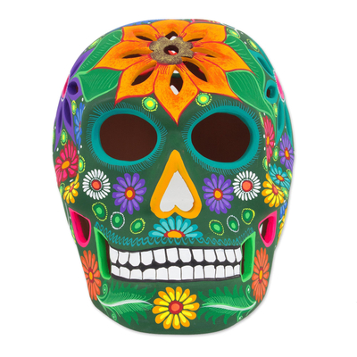 Floral Ceramic Day of the Dead Skull Sculpture from Mexico